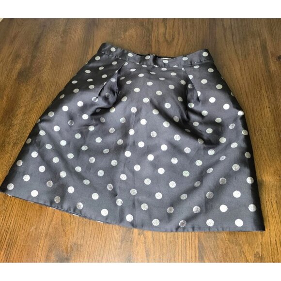 J. Crew Black Pleated Mini Skirt A Line Metallic Silver Polka Dots Pockets SZ 0 - Picture 1 of 15